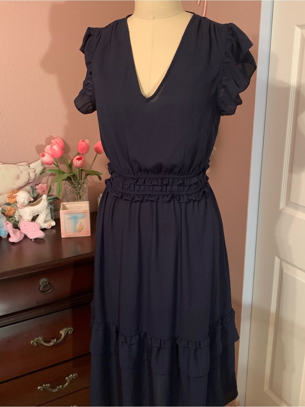 NANETTE LEPORE Navy Ruffle-Sleeve Midi Dress
